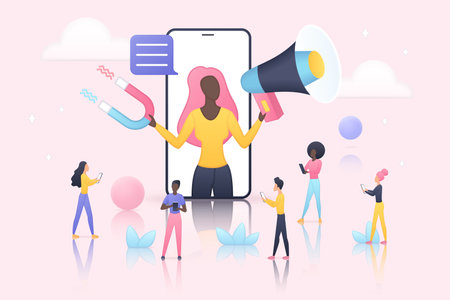 Key opinion leader and SMM marketing. Tiny woman holding megaphone and magnet, influencing audience of people in social media online campaign flat vector illustration. Influence, advertising conceptのイラスト素材