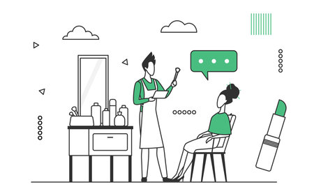 Lady sitting in professional makeup beauty salon. Facial cosmetic treatments and face care vector monocolor illustrationのイラスト素材