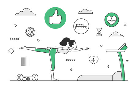 Sport fitness gym with training equipment. Improving body health and mental recreation vector monocolor illustrationのイラスト素材