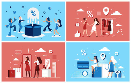 Fashion sales, shopping with discount for shopaholic girls set. Tiny female customers buy clothes in retail store, shoppers jump near surprise box flat vector illustration. Outlet, advertising conceptのイラスト素材