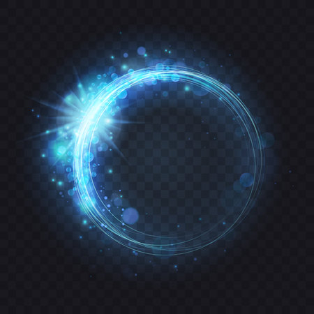Magic glowing round lines with sparkling glitter particles, flare lens shimmer on transparent dark background. Blue neon luminous spark ring portal, abstract light frame effect vector illustrationのイラスト素材