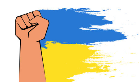 Strong fist rising to help, save and support Ukraine. Yellow blue Ukrainian flag near hand of man protesting against military invasion flat vector illustration. Stop war, freedom, victory conceptのイラスト素材