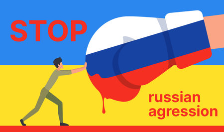 Fight between tiny man and boxing glove, Stop Russian aggression message, resistance to violence in military conflict. Drop of blood flowing from flag of Russia on background with Ukrainian flagのイラスト素材
