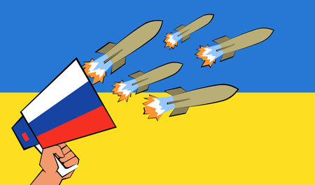 Hand holding megaphone with Russian flag and flying missile rocket. Attack of hatred, disinformation and violence on flag of Ukraine from agitator flat vector illustration. Fake war news conceptのイラスト素材