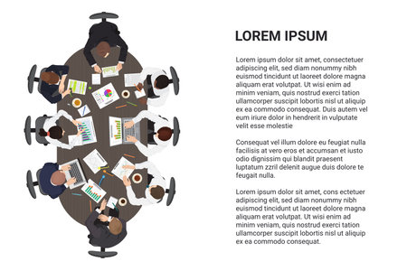 Aerial top view of business people meeting at round table. Cartoon team of experts brainstorming on financial idea or project, talking flat vector illustration. Teamwork, collaboration conceptのイラスト素材