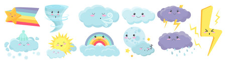 Cute weather elements, baby meteorology set vector illustration. Cartoon kawaii rain cloud...