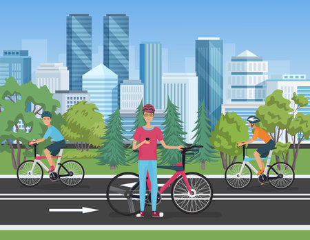 Cyclists characters ride bikes on city street vector illustration. Cartoon cityscape with modern skyscrapers, park with plants and people cycling and standing with bicycle background. Sport conceptのイラスト素材