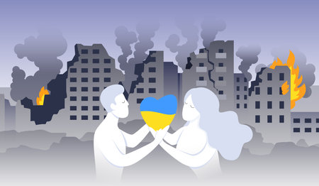 Ukrainian woman and man holding heart in color of national flag. People hug symbol of Ukraine standing in burning city among broken houses, ruins flat vector illustration. Save Ukraine conceptのイラスト素材