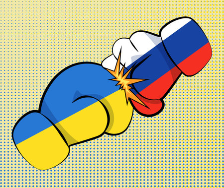 Hands in boxing gloves with Ukrainian and Russian flags clash in punch. Aggressive fight and struggle of Ukraine for freedom and independence flat vector illustration. Stop war, victory conceptのイラスト素材
