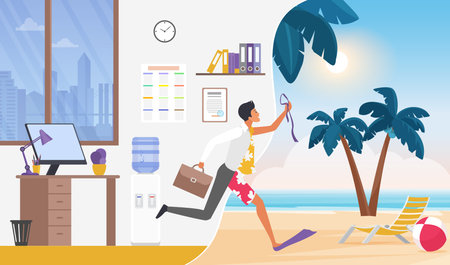 Entrepreneurs escape to exotic sea sand beach vector illustration. Cartoon man in formal suit leaving office, fun leap of businessman over summer holidays background. Weekend, vacation conceptのイラスト素材