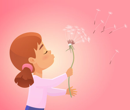 Cute girl blowing on dandelion, flower seeds flying away with wind vector illustration. Cartoon little kid enjoying spring in nature, make wish background. Childhood, aspirations, imagination conceptのイラスト素材