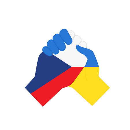 Hands with national flags of Ukraine and Czech Republic shaking each other as sign of peace and partnership. Peace agreement, support for Ukrainian citizens and army in war flat vector illustrationのイラスト素材