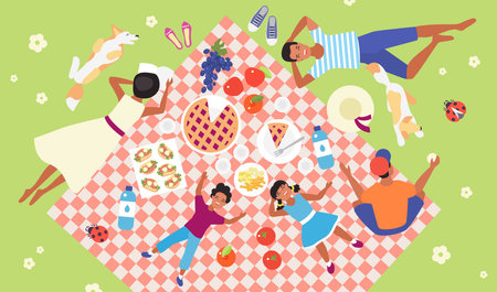 Family picnic, top view vector illustration. Cartoon happy mother and father, kids and dog lying on tablecloth blanket in backyard or green grass of summer park, people eating picnic food backgroundのイラスト素材