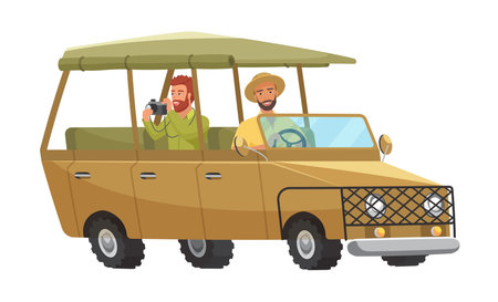 People in safari tour car, travelers drive car vehicle isolated vector illustrationのイラスト素材