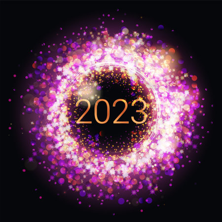 Pink purple neon golden glow 2023 Happy New Year background design background. Poster, shiny greeting card, banner vector illustrationのイラスト素材