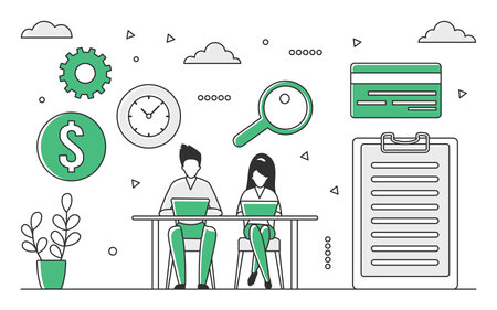 Accounting reporting team. Annual financial report, finance management department vector monocolor illustrationのイラスト素材