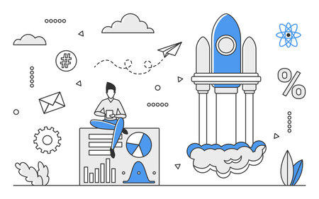 Business project launching. Success growth, startup boosting strategy vector monocolor illustrationのイラスト素材
