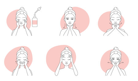 Facial massage line icons set vector illustration. Instructions and guide of skin care and beauty treatment routine of female character, abstract sketches of detox lifting massage for girls faceのイラスト素材