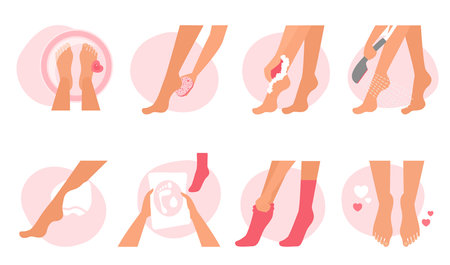 Spa body treatment and foot care set vector illustration. Cartoon girls apply depilatory cream on skin of legs, smooth heels with pumice stone or peeling socks, wash and dry with towel in bathroomのイラスト素材