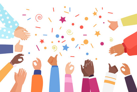 Hands of people show thumbs up, OK vector illustration. Cartoon positive gestures of diverse multicultural group at corner, different female and male arms applaud to winner, greeting and confirm ideaのイラスト素材