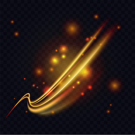 Golden spiral swirl and sparkles with glowing light effect vector illustration. Abstract magic gold glow of glitters and wave lines of energy motion, twirls of star or comet tail shine and flowのイラスト素材