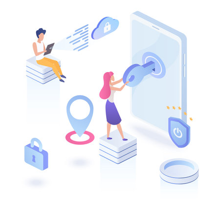 Mobile security data protection technology. Personal information privacy policy digital authenticationのイラスト素材