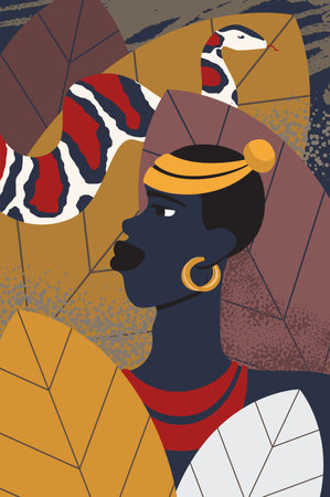 African woman portrait. Tribal design wallpaper, wall decor, africa traditional headdress vector cartoon illustrationのイラスト素材
