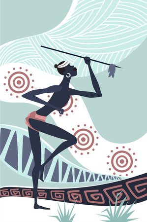 African tribal hunter. Afro warrior with weapon, africa traditional culture vector cartoon illustrationのイラスト素材