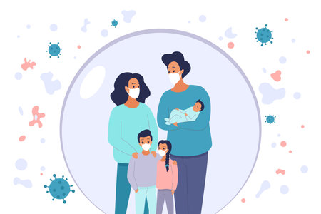 Family in protection bubble vector illustration. Cartoon mom, dad and children characters wearing medical masks to protect health from allergy and infection, healthy habits for disease preventionのイラスト素材
