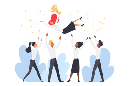 Employees toss winner with prize in air vector illustration. Cartoon happy business people celebrate success, office characters throw up best colleague or leader holding golden cup among confettiのイラスト素材