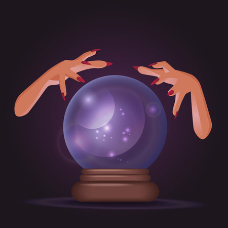 Hands of witch fortune teller hands holding a crystal ball with a magic full moon and stars inside, predicting the future through astrology and witchcraft against a dark background.のイラスト素材