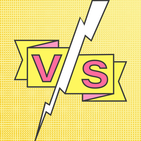 VS challenge, versus battle and fight between teams vector illustration. Comic book banner design template with lightning explosion and VS in frame, sport match, competition or conflict game duel signのイラスト素材