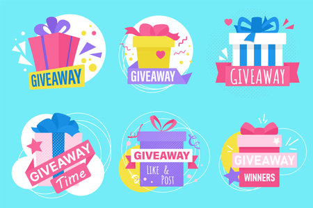 Giveaway in social media, prizes of contest set vector illustration. Cartoon gift boxes with ribbon and confetti, festive presents for winners in badges and Giveaway text in frame on blue backgroundのイラスト素材