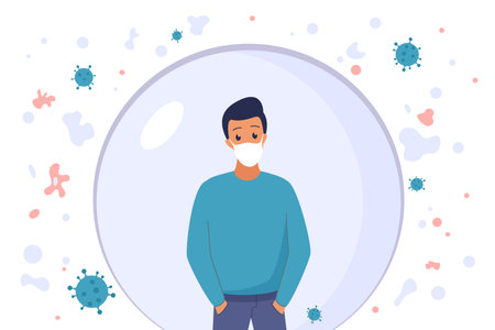 Man in protection bubble vector illustration. Cartoon male character wearing medical mask to protect health from allergy and infection, healthy habits for disease preventionのイラスト素材
