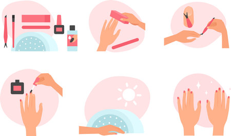Steps of manicure and nail polish flat icons set vector illustration. Female hands using nail file and cuticle remover, painting fingernails, drying under UV lamp in salon or homeのイラスト素材