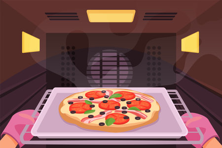 Hands of chef in protection kitchen mitts open oven door to pull out tray with baked pizza vector illustration. Cartoon person baking dough stuffed with sausage, cheese and tomato sauce on hot panのイラスト素材