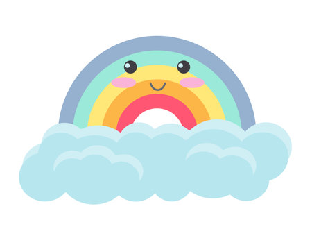 Cute rainbow with clouds. Lovely weather emotion expressing cartoon vector illustrationのイラスト素材