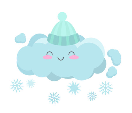 Smiling snowing cloud. Winter cute weather, lovely forecast vector cartoon illustrationのイラスト素材