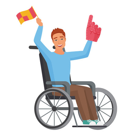 Excited disabled man holding flag. Happy man sitting in wheelchair vector cartoon illustrationのイラスト素材
