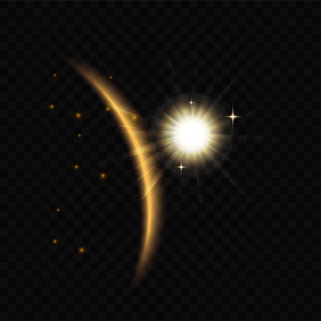 Golden luminous eclipse in dark space vector illustration. Abstract curve planet edge with glowing light effect, flare sparkles and burst of beams on orbit from sun, magic explosion in universeのイラスト素材