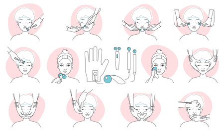 Microcurrent treatments infographic line icons set vector illustration. Hand drawn outline hands of professional beautician massage face skin of woman with micro current electrodes, lifting therapyのイラスト素材
