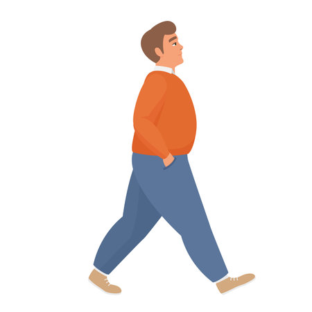 Walking fat boy. Chubby man going for a walk, obese people vector cartoon illustrationのイラスト素材