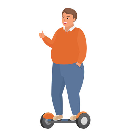 Chubby boy on electric balancing scooter. Fat man using innovative gadget vector cartoon illustrationのイラスト素材