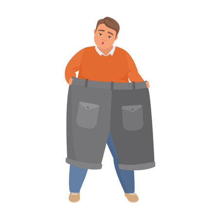 Fat man choose clothes. Big clothes plus size, chubby boy overweight vector cartoon illustrationのイラスト素材