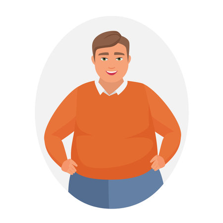 Fat man with hands on hips. Obese man in standing position vector cartoon illustrationのイラスト素材