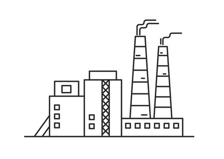 Industrial power plant architecture. Factory production building vector outline illustrationのイラスト素材