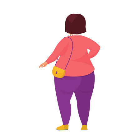 Standing back view of fat woman. Curvy girl in standing position vector cartoon illustrationのイラスト素材