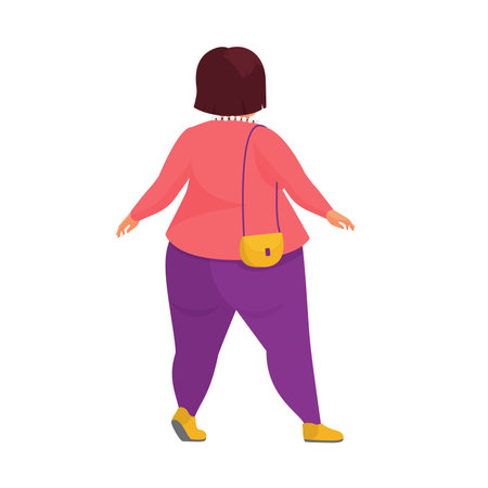 Back view of walking fat woman. Plus size girl, obese stylish woman vector cartoon illustrationのイラスト素材