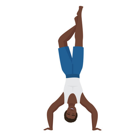 Sport male trainer in yoga pose. Fitness coach standing on the hands vector cartoon illustrationのイラスト素材