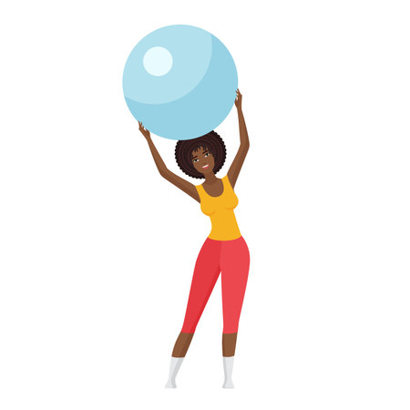 Sport trainer with fitness ball. Aerobics training, gym training coach vector cartoon illustrationのイラスト素材